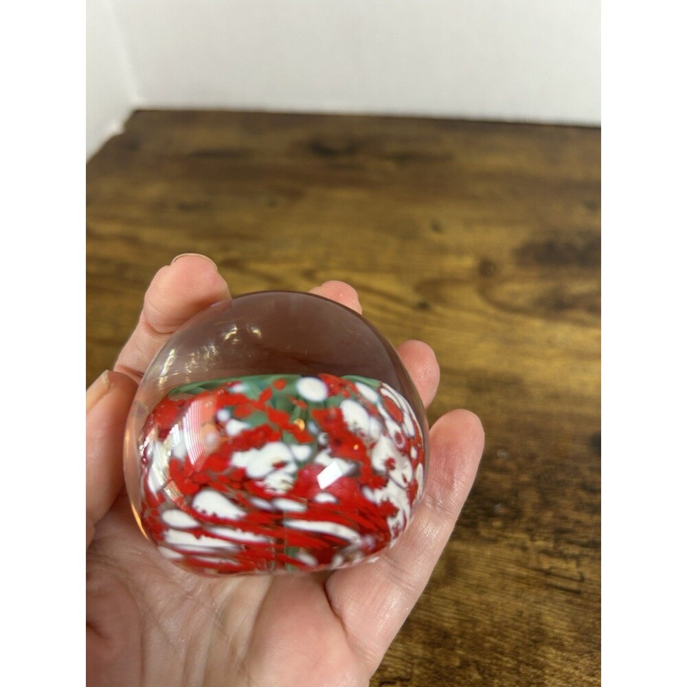 Vintage Art Glass Paperweight Floral Millefiori Red White Green Flower Orb Ball - Picture 6 of 10